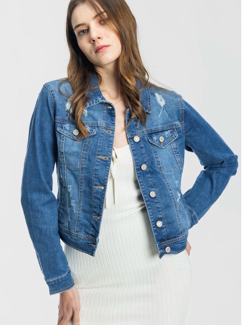 Classic Blue Distressed Denim Jean Jacket - Blue